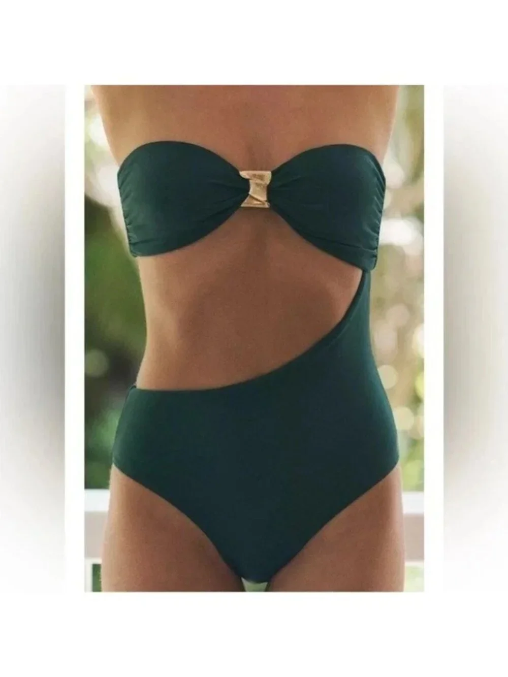 Zara Womens Strapless Swimsuit Large Dark Green Cut Out One Piece 0167/011 NWT